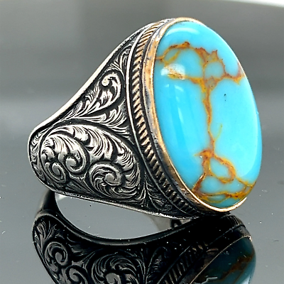 Men Handmade Turquoise Natural Turquoise Oval Gemstone Ring 925 Sterling Silver $89.00