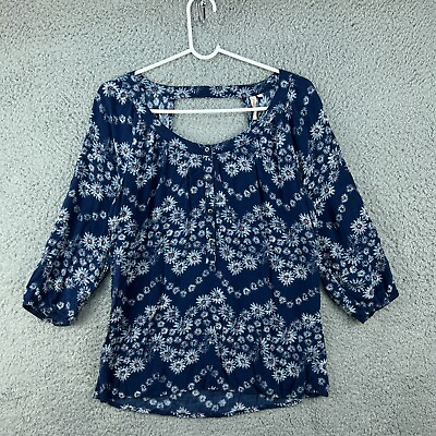 #ad Red Camel Blue Floral Henley Blouse Medium Women Cut Out 3 4 Sleeve Rayon Blend $8.80