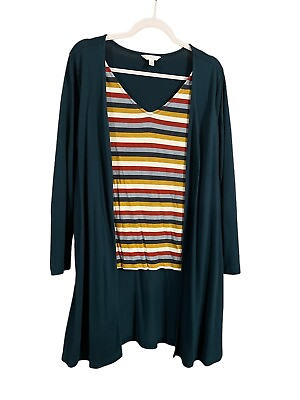 #ad Time and True Green Long Cardigan w Attached Striped Tank SzL 12 14 Long Sleeve $6.49
