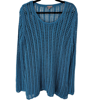 #ad J Jill Pullover Sweater Linen Large Blue Scoop Neck Long Sleeve Tunic Crochet $28.00