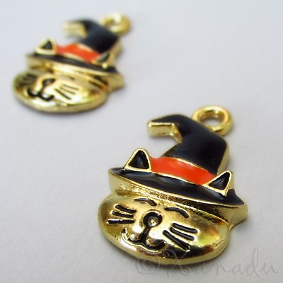 #ad Halloween Cat Black Enamel Gold Plated Pendant Charms C2907 2 5 Or 10PCs $2.00
