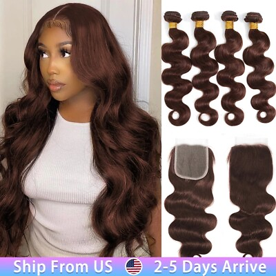 #ad Light Brown Body Wave Human Hair Bundles with Closure and 13*4 Lace Frontal Hair $171.66