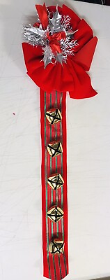 #ad Vintage 5 Sleigh Bells Door Hanger Red Velvet Ribbon Plastic Accents 25” Holiday $13.59