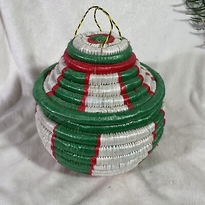 #ad Hand Woven Coil Basket Lid Sea Grass Vibrant Red Green 8quot; H x 8quot; D Storage Decor $22.88