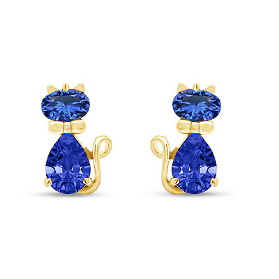 Blue Sapphire Cute Animal Kitty Cat Stud Earrings 14k Yellow Gold Plated Silver $33.73