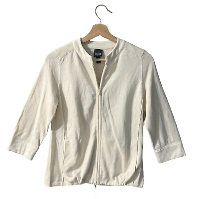 #ad Eileen Fisher Zip Up Cardigan Size Small Jacket Ivory Organic Cotton Cinch Hem $33.76
