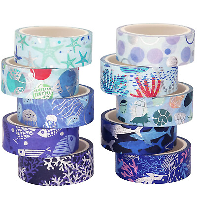 #ad Ocean Blue Washi Tape Set 10 Rolls Silver Foil Print Decorative Masking Tapes $10.99