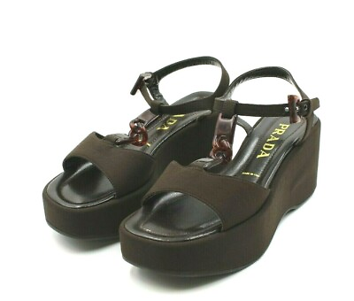 #ad Prada Milano Women#x27;s Tess. Tecnico 0387 Brown Wedge Sandals $200.00