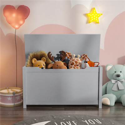 #ad Kids Wooden Toy Box Storage Chest Bedroom Organizer Bench w Safety Hinge Lid $69.99