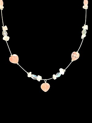 Pink Rose Quartz Heart Bead Silver Tone Necklace 16quot; $12.00