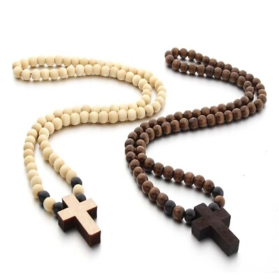 Mens Small Cross Wood Pedant Christian Religious Necklace Wooden Ball Chain 26quot; $13.99
