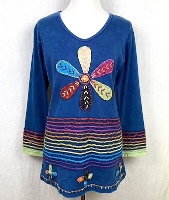 #ad Boho Hippie Tunic Top Size M Colorful Festival Flower Patch Handmade $24.00