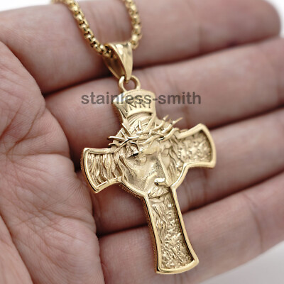 #ad Mens Gold Jesus Face Crucifix Cross Pendant Necklace For Men Stainless Steel $21.99