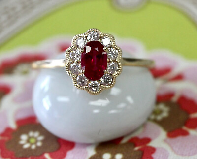 #ad 1.30 Carat Natural Red Ruby And Diamond 14k Yellow Solid Gold Cluster Ring $648.00