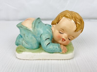 #ad Vintage Figurine Piano Baby Sleeping Naked Bum Kitschy Porcelain Blue Boy Blonde $10.00