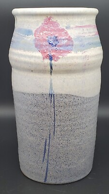 #ad Studio Pottery Vase. Hand Thrown Hand Glazed w Pink Flowers Signed on Bottom. $20.00