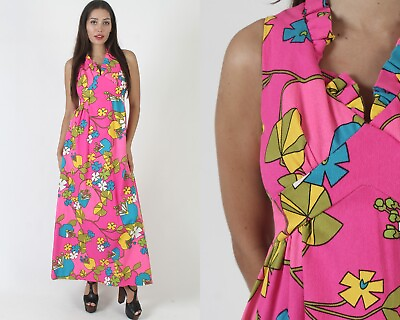 #ad Vtg 60s Hot Neon Pink Op Art Luau Hawaiian Party Dress Tiki Muu Muu Hawaii Sun $84.55