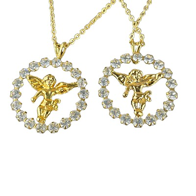 Two Angel Pendants Aura Pale Blue Rhinestones Gold Tone Twin Girls 17quot; Gift $19.95
