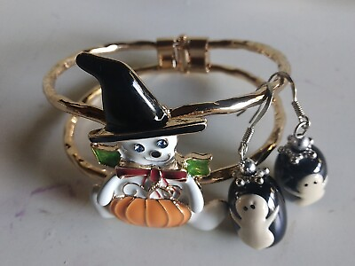 Goldtone Halloween Ghost Bracelet And Matching Ghost Dangling Earings $19.19