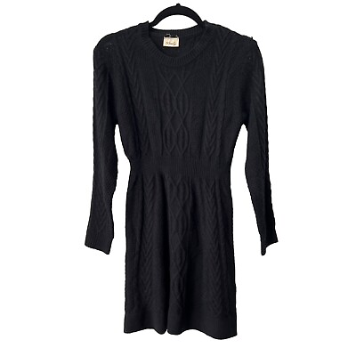 #ad Maisolly Cable Knit Sweater Dress Women M Black Crew Cozy Knit Fit Flare Fall $19.99