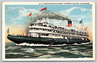 S.S. Christopher Columbus Ship En Route Chicago Milwaukee Postcard POSTED 1919 $3.99