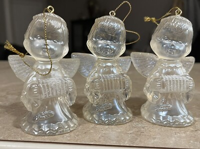 #ad 3 Vintage Clear Plastic Angel Ornaments 3.5” Glitter Wings Musical Accordion $6.00