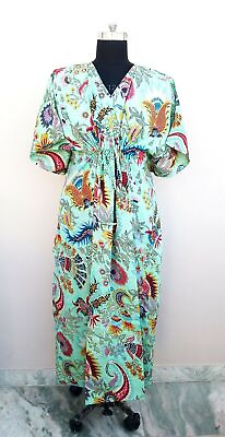 #ad Printed Cotton Kaftan Kimono Beach Wear Gown Ethnic Night Wear Nice Maxi Dress $31.00