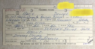ANDY DEVINE Employee Personal Record Information Card With Signature Signed $246.83