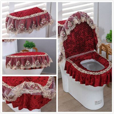 #ad 3x Washable Bathroom Toilet Seat Cover Set Lace Velvet Tank Cover Lid Pads Home $33.24