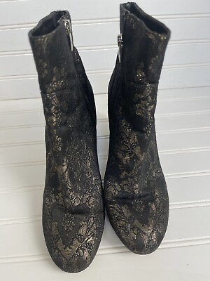 #ad Marc Fisher Zip Up Metallic Leather Block Heel Black Gold Floral Boots Size 10 $25.00