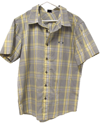 #ad Oakley Mens Shirt M Yellow Grey Plaid Short Sleeve Button Cotton Poly Collared $18.02