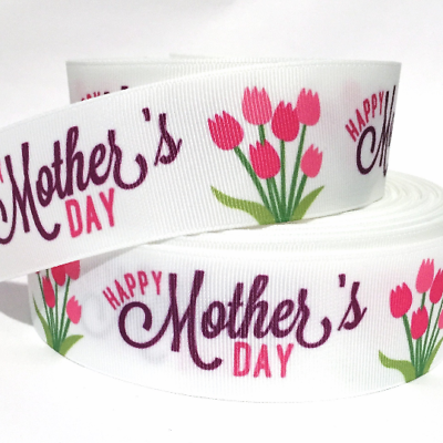 #ad GROSGRAIN RIBBON 5 8quot; 7 8quot; 1.5quot; 3quot; Happy Mother#x27;s Day Tulips Flowers Printed $1.19