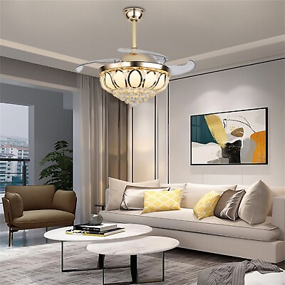 42quot; Gold Invisible Ceiling Fan Light Modern LED Crystal Chandelier Lamp W Remote $134.47