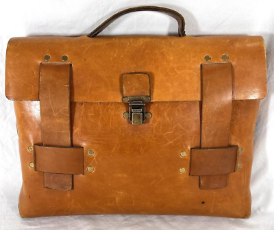 #ad Vintage Authentic Tan Thick Leather Briefcase Attache Excellent Worn Patina $195.00