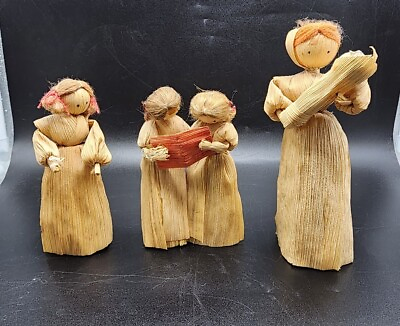 #ad Vintage Lot Of 3 Corn Husk Dolls Standing Handmade Pigtails Singing Baby Mother $15.00