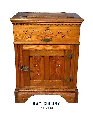 #ad VICTORIAN OAK FLORAL CARVED ICE CHEST WITH ZINC LINING amp; PHOENIX HEAD HARDWARE $1608.00