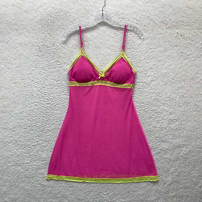 #ad Hot Neon Pink Highlighter Yellow Mesh Lace Lingerie Mini Chemise Slip Dress M $27.75
