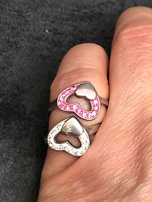 #ad 925 Silver Design Heart 2 Of Ring With Zircon Sizes Q GBP 29.00