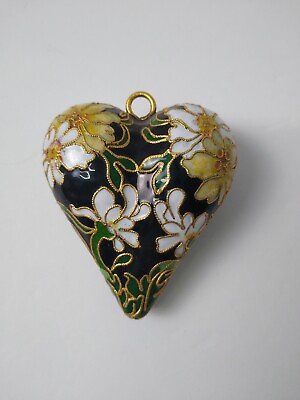 #ad Cloisonne Ornament Heart Shaped Flowers Black Yellow White Green $18.00