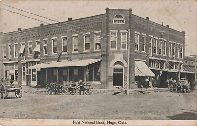 #ad First National Bank Hugo Oklahoma OK Street View Horses c1910 Postcard $39.95