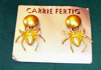 #ad Vtg. Carrie Fertig Gold Tone SPIDER Dangle Clip Earrings Set New Old Stock $25.95