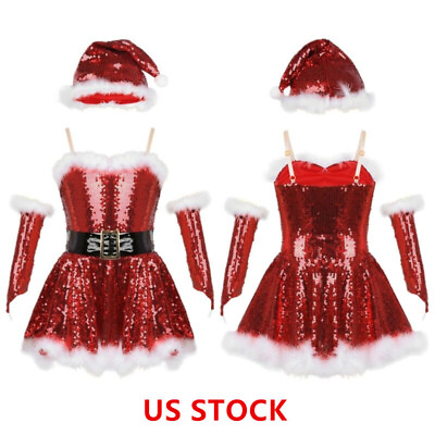 US Kids Girls Christmas Dance Costumes Sequins Santa Dance Dress Hat amp; Sleeves #ad $25.46