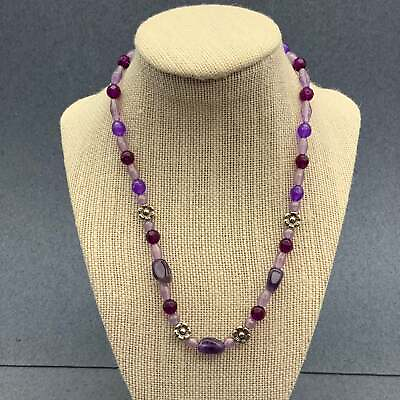 Purple Silver Flower Necklace Organic Round Beads Made With Love $12.00