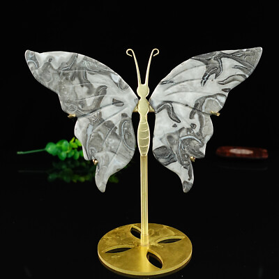 #ad 5quot; Natural Crystal Black Crazy Agate Butterfly Wings Statue with Copper Holder $79.91