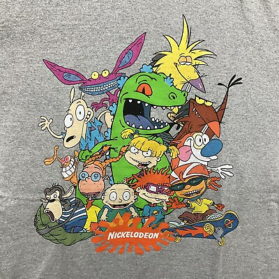 #ad Nickelodeon 90#x27;s Characters Collage Rugrats Ren amp; Stimpy Gray T Shirt M A 342 $15.00