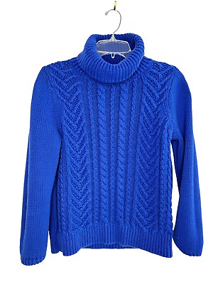 LANDS END Cable Knit Drifter Turtleneck Sweater Womens Medium Brilliant Blue EUC $33.95