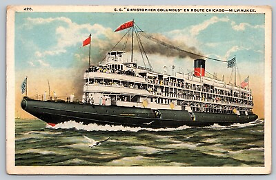 S.S. Christopher Columbus Ship En Route Chicago Milwaukee Postcard UNPOSTED $3.99