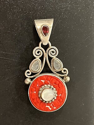 #ad Sajen Sterling Silver Carved Cinnabar Pendant Garnet Moonstone Red $55.00