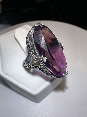 ART NOUVEAU DECO AMETHYST GLASS CRYSTAL STERLING SILVER RING $85.00