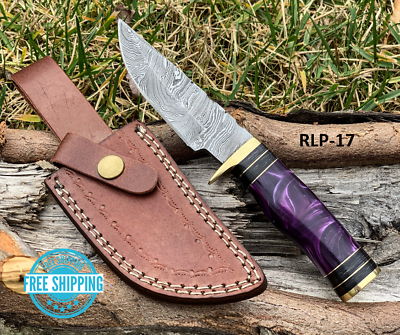 #ad Custom Handmade DAMASCUS STEEL Knife Hunting Purple Resin amp; Brass Guard Handle $23.99